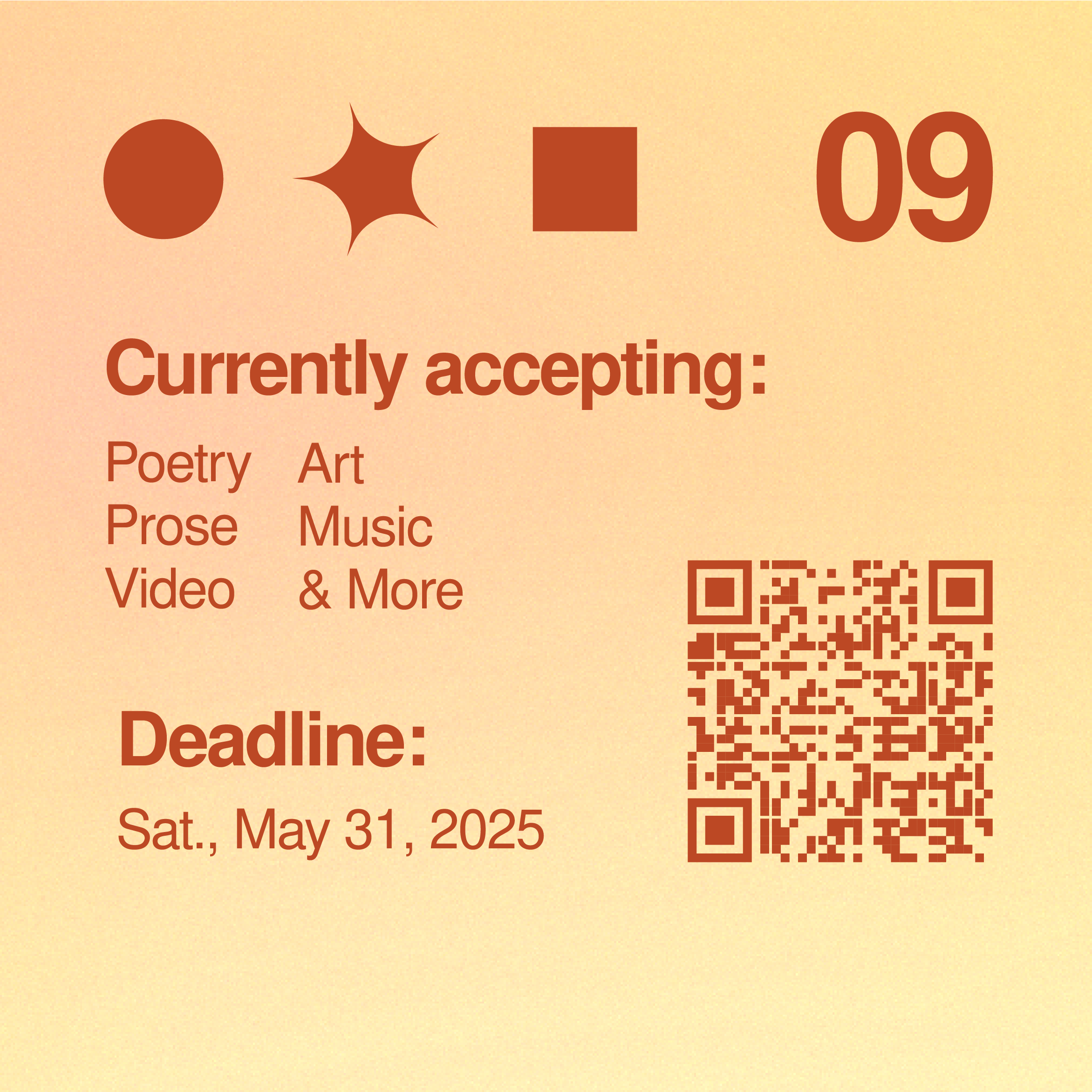 A call to submissions for Issue 09. Currently accepting poetry, art, prose, music, video and more.