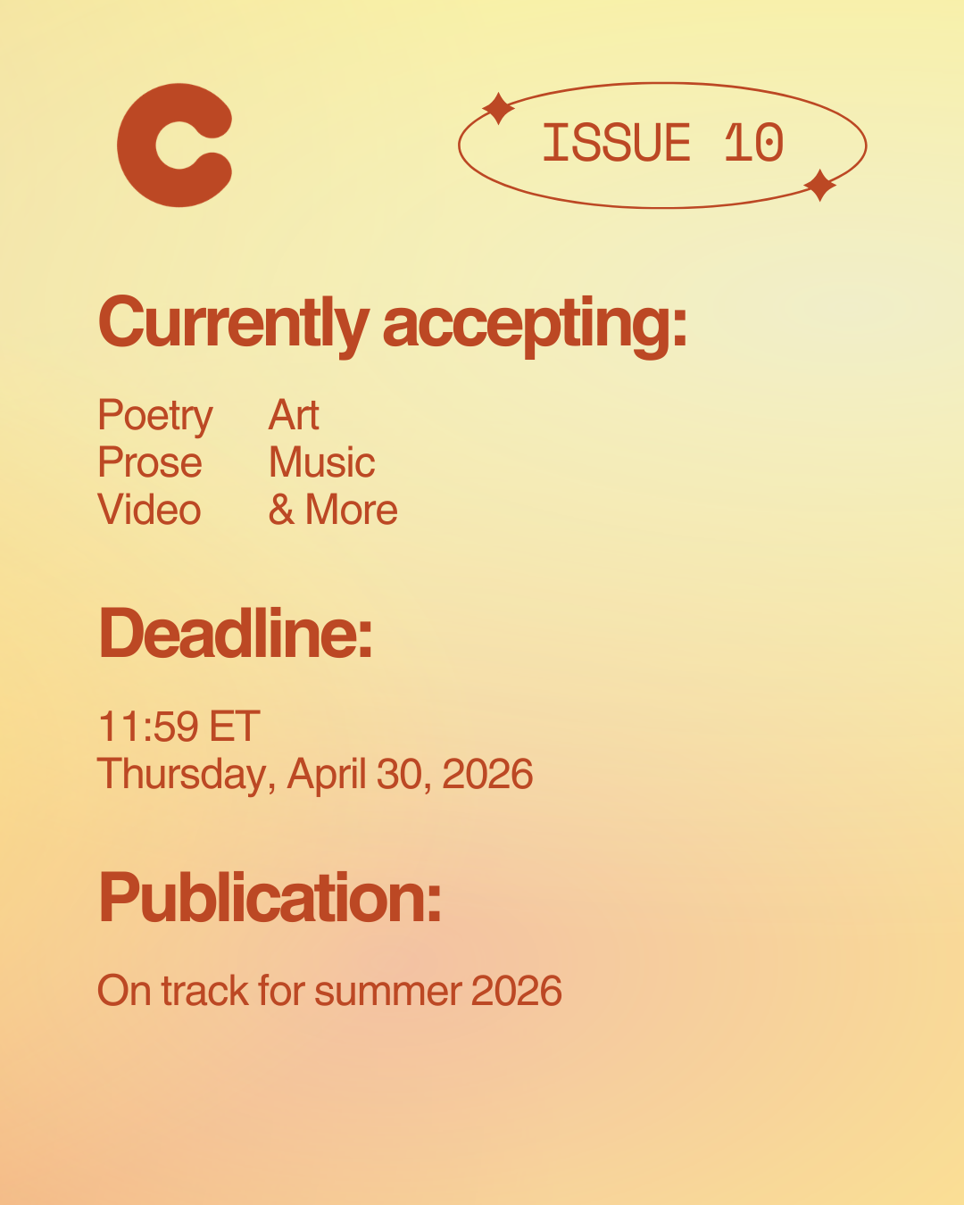 Currently accepting poetry, prose, video, art, music, and more. Submissions close on April 30 at 11:59PM ET.