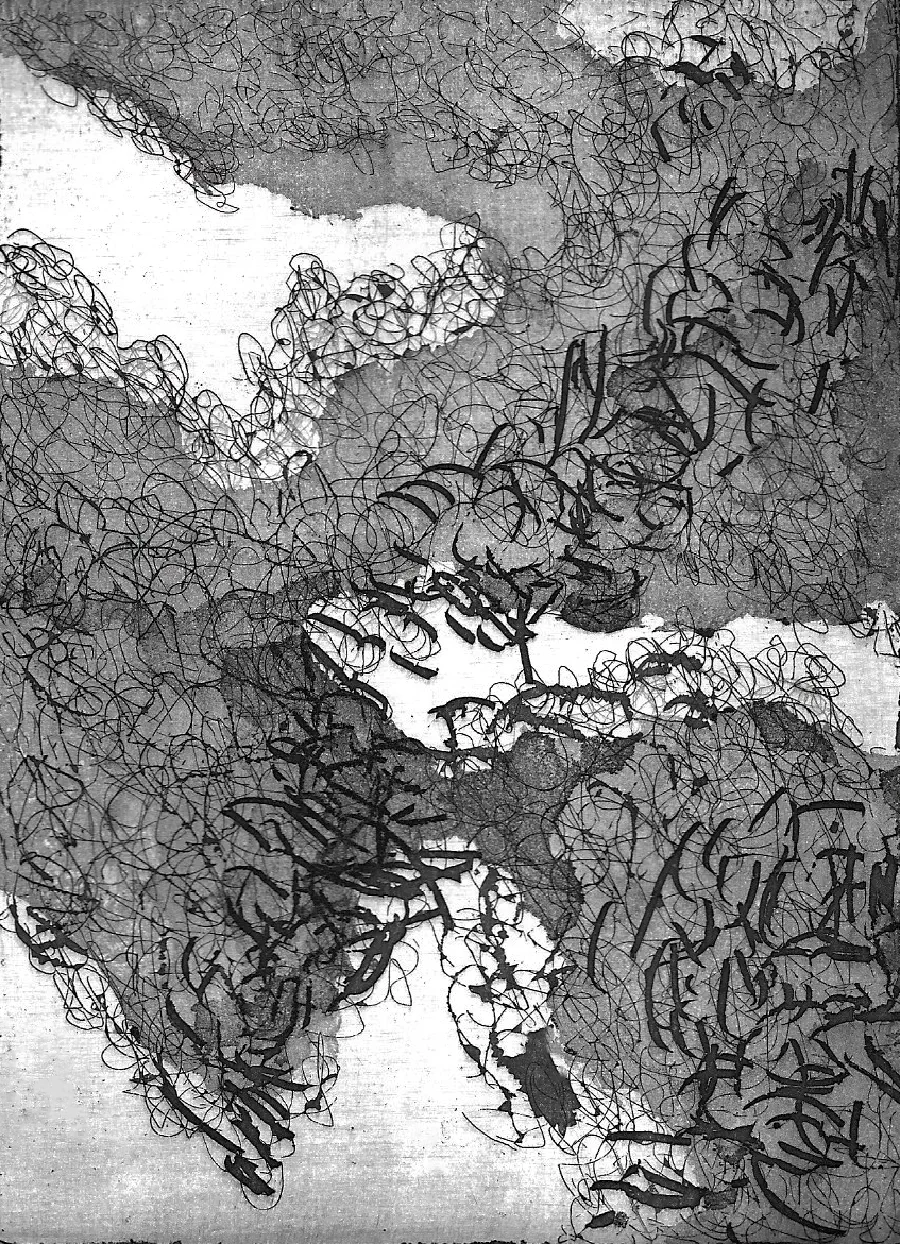 A black and white abstracted, textured portrait of lines and waves.