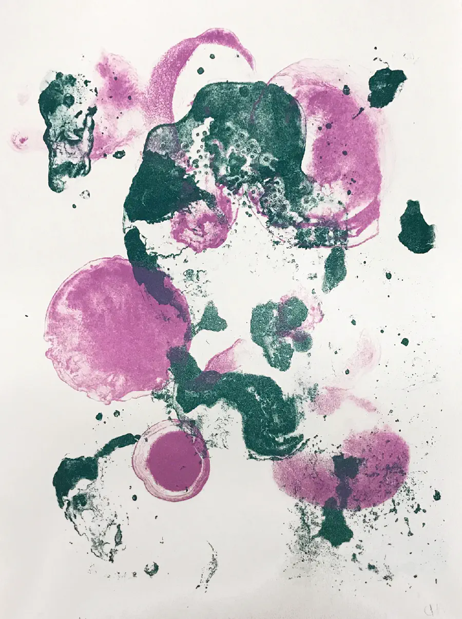 Abstracted shapes that are pink and teal.