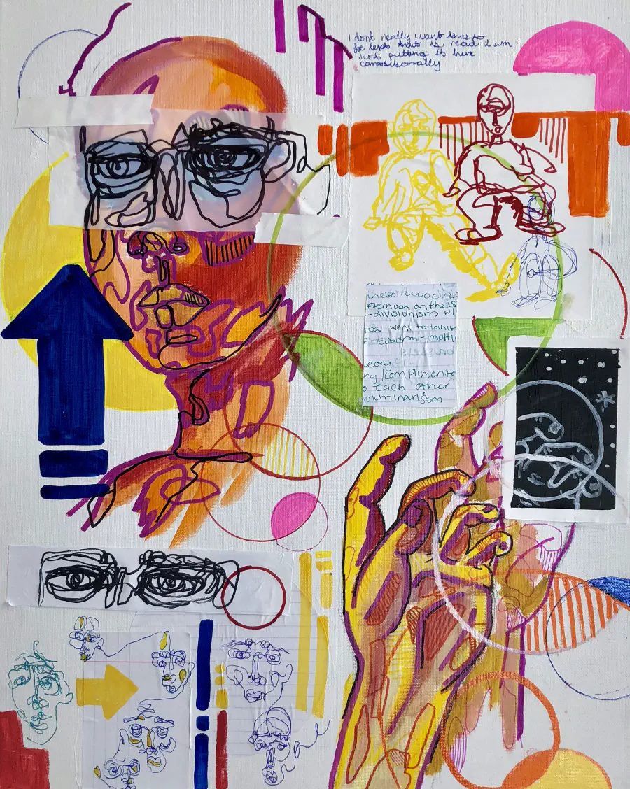 A collage of faces, eyes, hands, and abstract shapes.