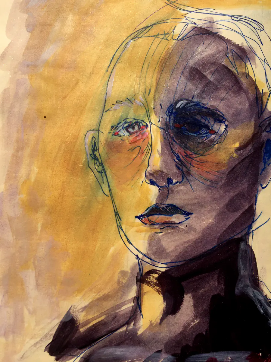 Abstracted shapes that are pink and teal.