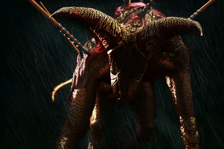 A horned red reptilian creature hunched over and shadowed in darkness.
