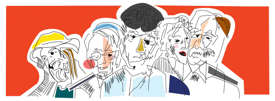 Long canvas with various people's faces abstracted. The background is red with a white border.