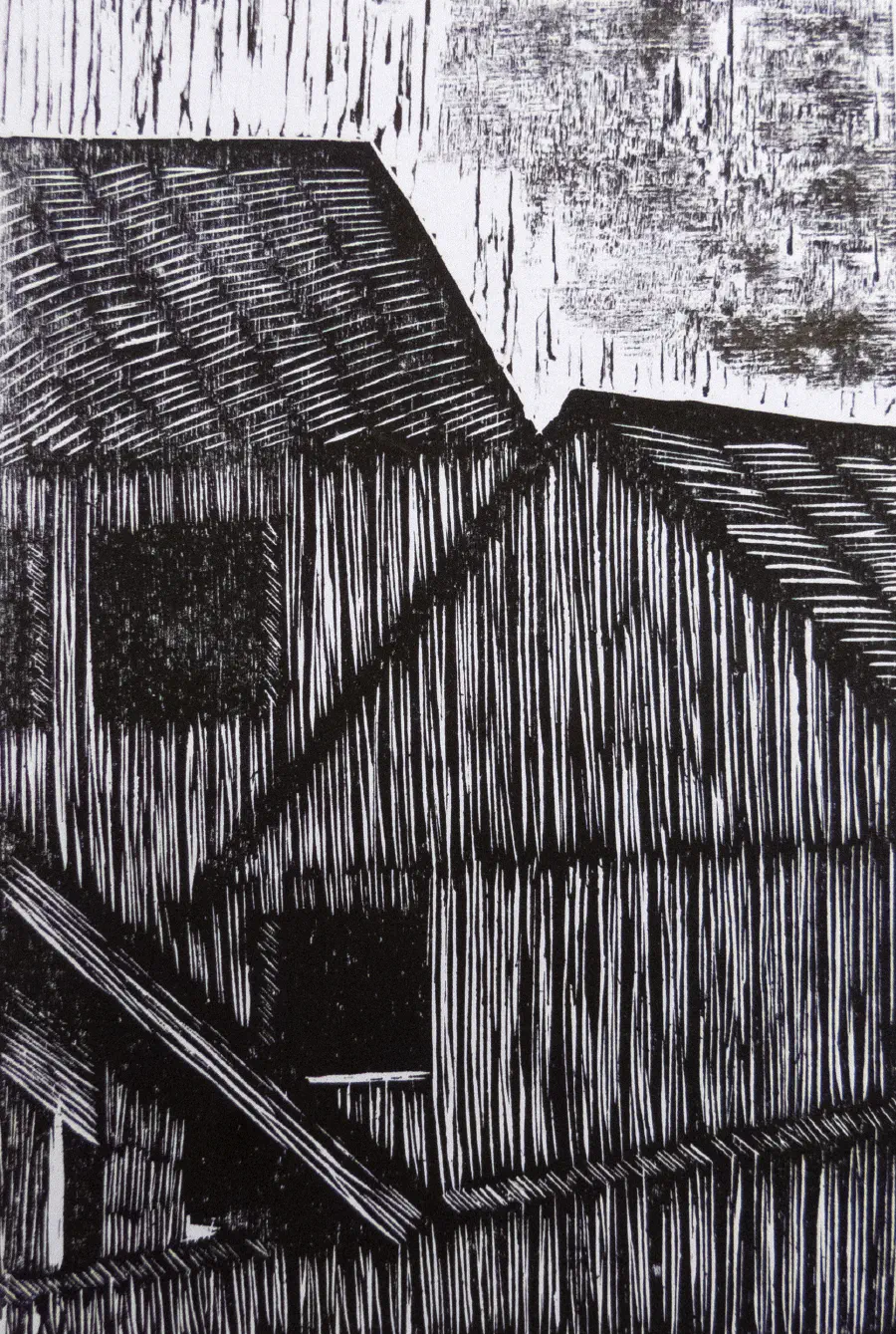 Cross-hatched ink art of houses.