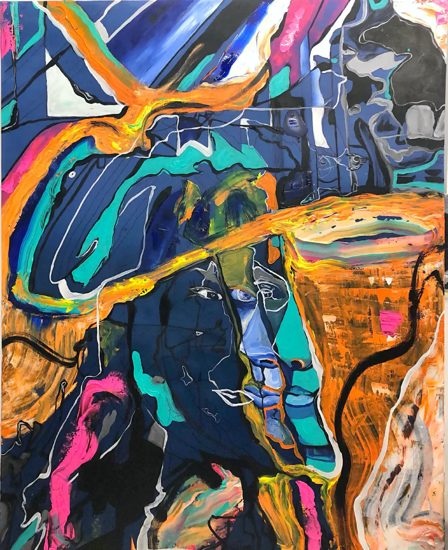 Abrast swirls of colors like orange, pink, dark blue, and cyan with layered 3 faces overlayed atop each other.