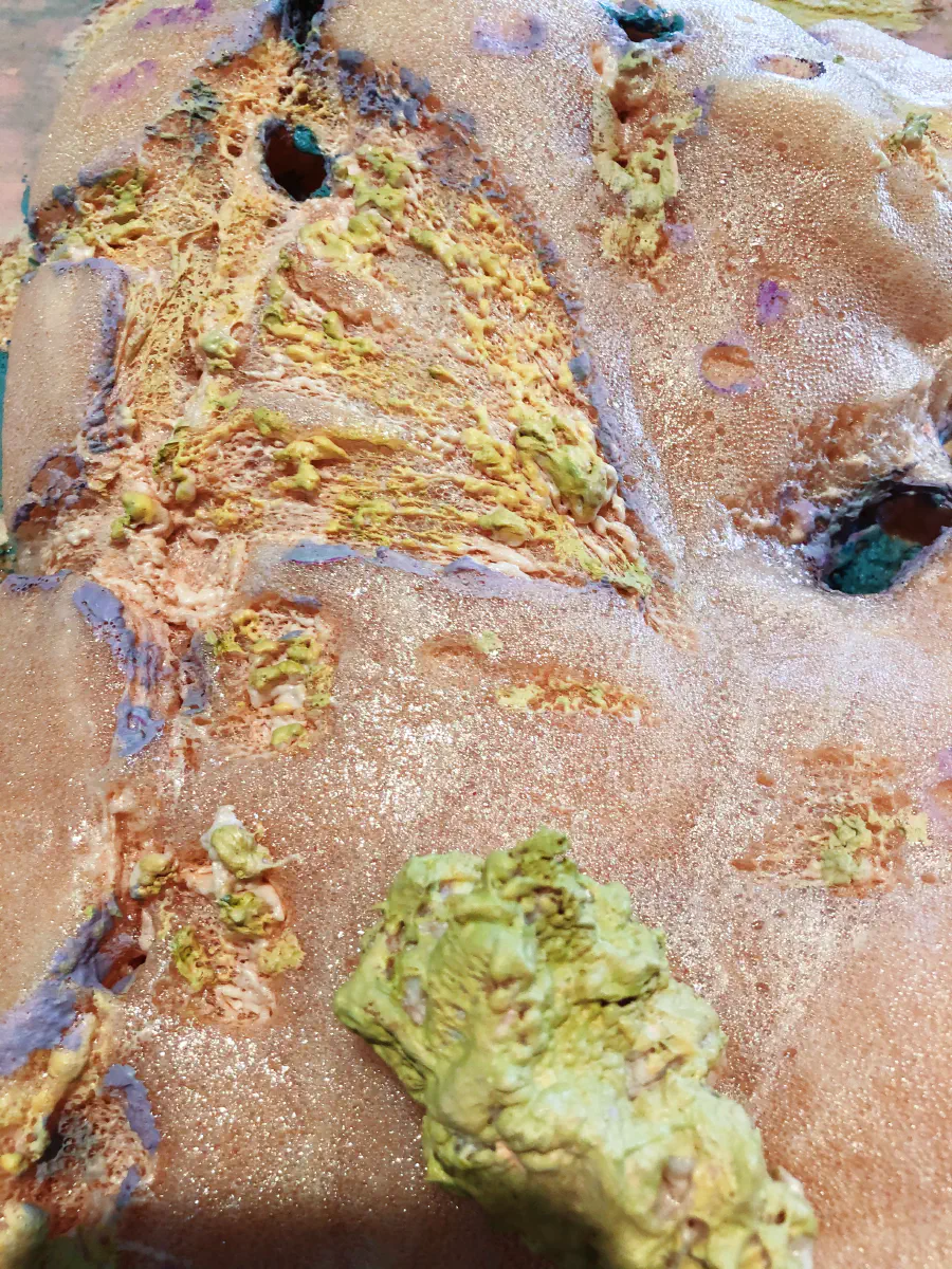 A highly textured flesh-like surface speckled with yellow gristle-like 'growths'. There are black spots and dark purple ridges.