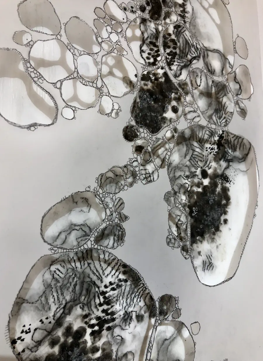 Gray canvas with white and grey bubbles floating across it. Some of the bubbles appear to have abstract black shapes floating within them.