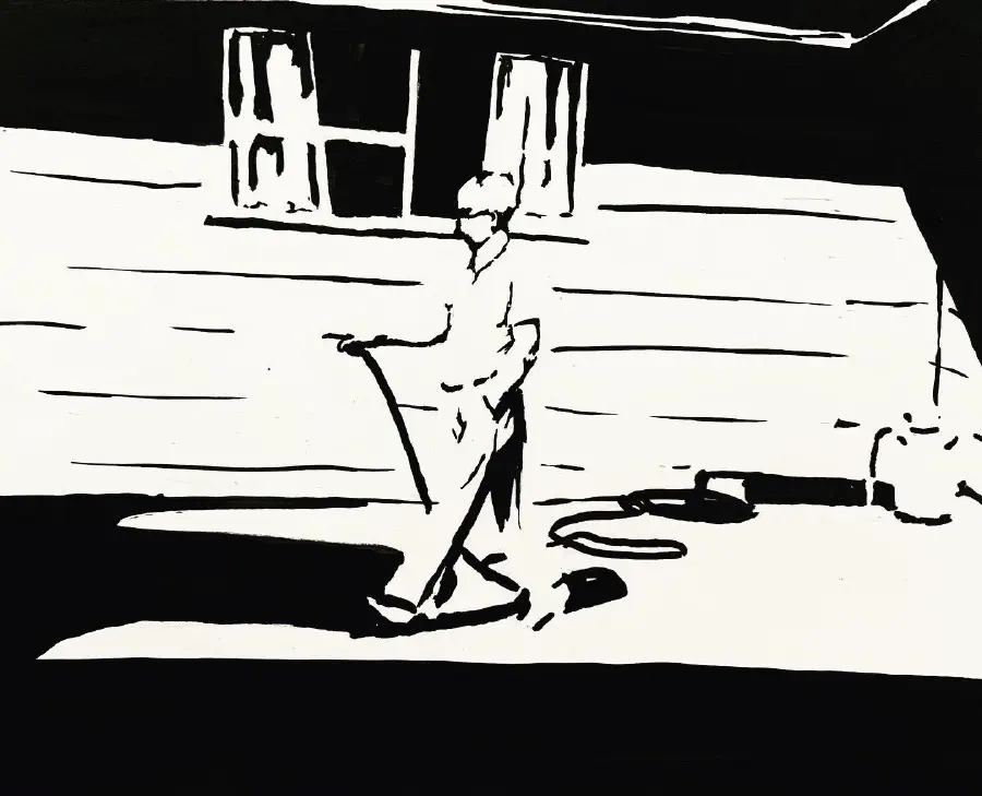 Black and white image of a child walking away from a house holding a hose.