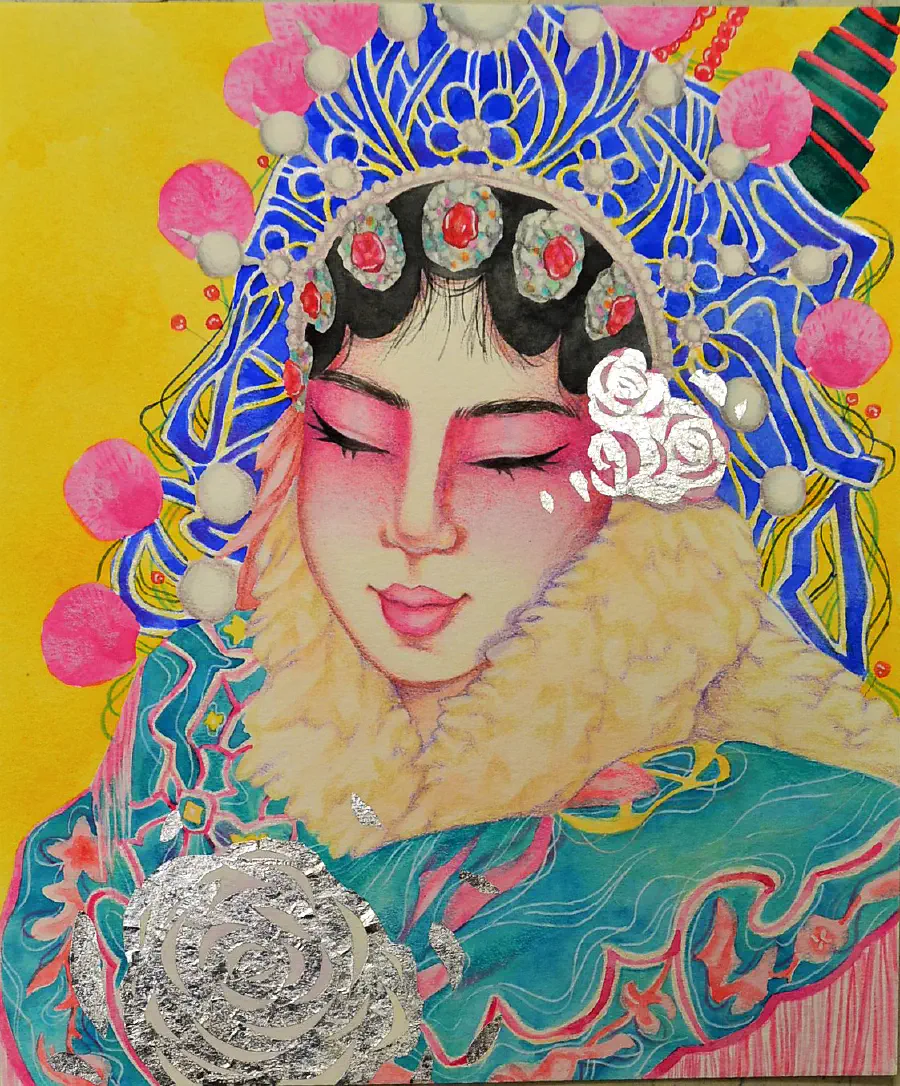 A blushing woman with an ornate headdress has pink makeup on and is smiling serenely with her eyes closed. She is wearing a fluffy coat.