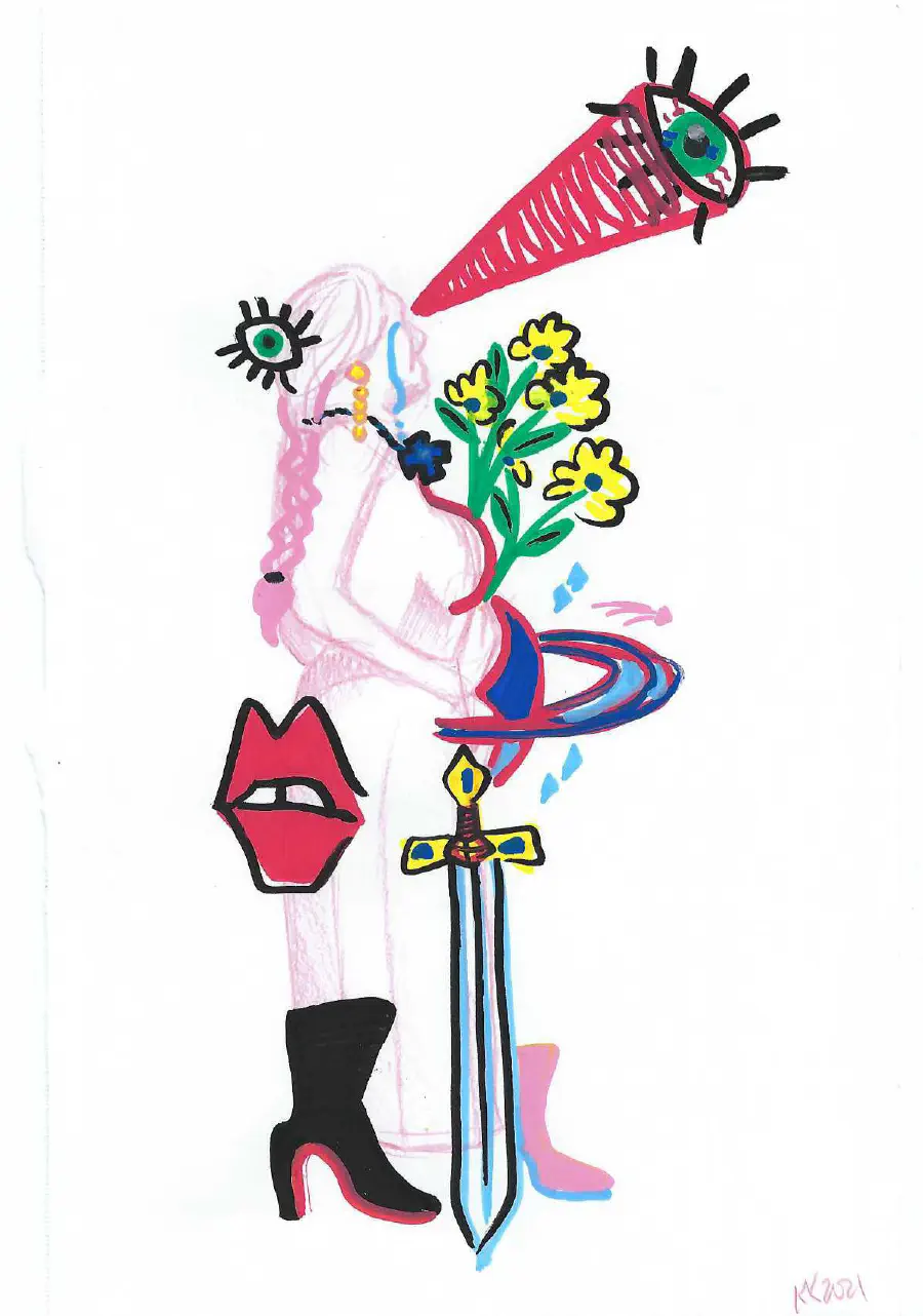 A pregnant woman whose breast and stomach are outlined. The image is abstract, ashowing a figure who is surrounded by a combination of symbols like lips, a sword, eyes, and flowers.