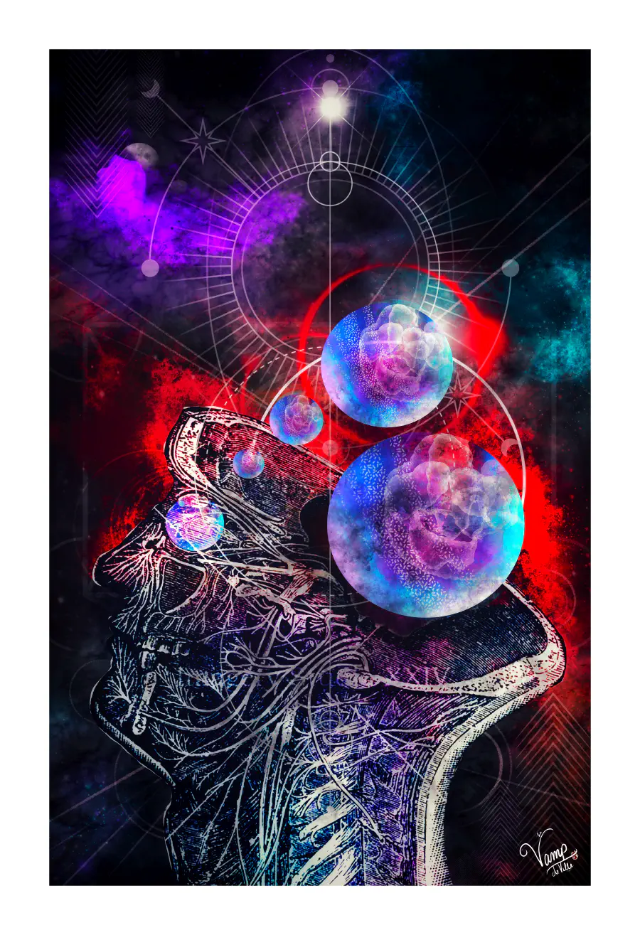 A human head open to demonstrate cosmic orbs circulating along an axis. The head is showing bones and other connective threads.