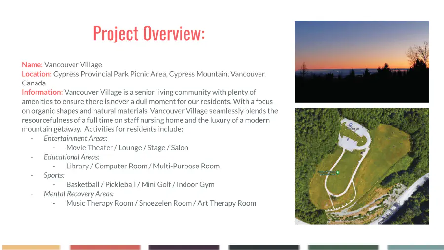 Project Overview explaining the scope of the project, the location, and a few primary areas such as the movie theatore, loung, stage, salon, library, etc. There are images of the site.