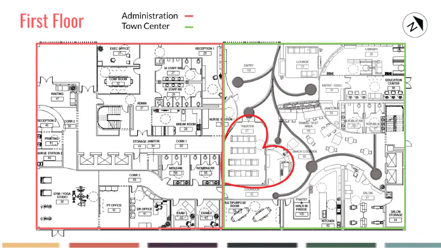 First floor map that demostrats the administrative areas and the town center. There is a heard shaped location on the map.