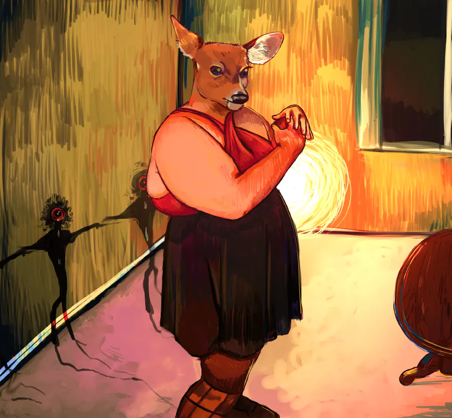 A figure with a deer head and long black skirt is standing in a dimly lit studio with haunting dark one-eyed figures holding hands and circled around it.