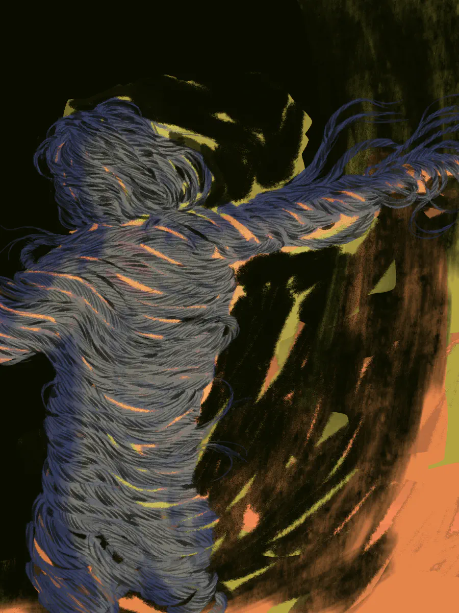 A person wrapped in rope seems to be firey. The hair also seems to be made from rope. The person's arms are outspread and they appear to be sinking into the dark.