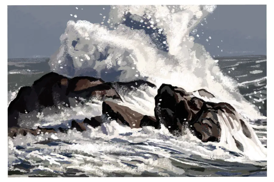 A painting of ocean waves crashing against dark rocks. The style is very expressive and frothy.