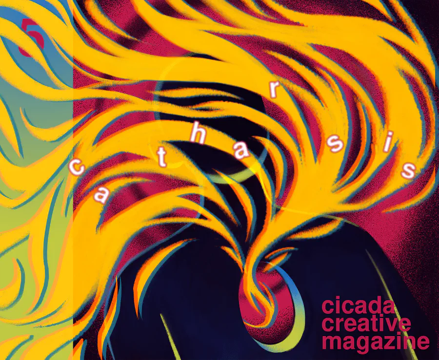 A humanoid figure has a whole in its chest. Fire spills out of it. The letters catharsis are scattered among the flames. The palette of the art is dark and moody.