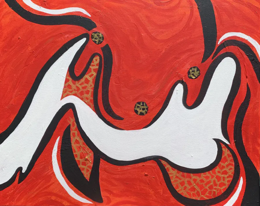 An abstract red, white, and black series of swirls. The shapes are intermittently loopy and sharp.