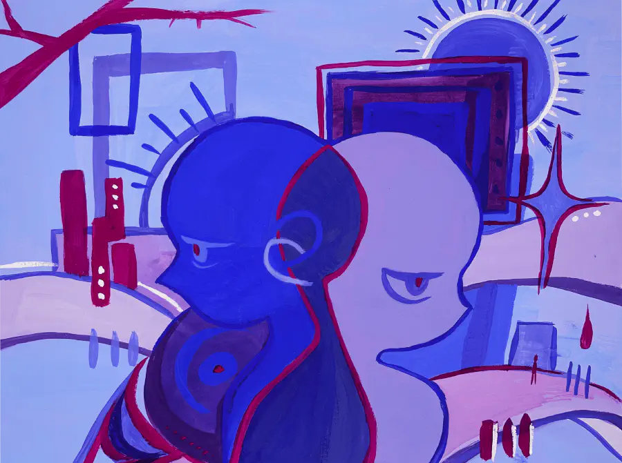 Two people are passing by one another, both translucent. One is light purple and the other is dark blue, and the place they intersect combines these colors. The background appears to be a sort of city with a blue sun in the background and stylized starry sparkles.