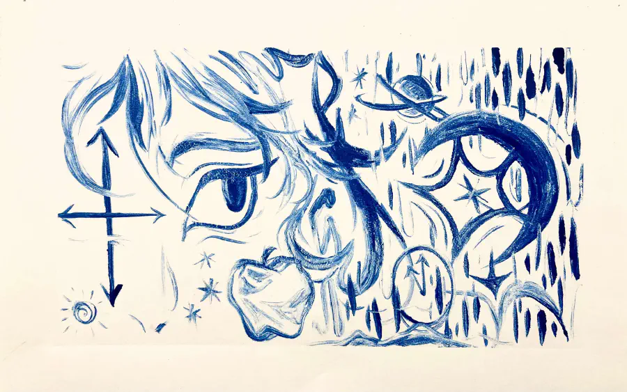 A sheet of paper with half a person's face etched in blue. The figure is looking to the side, where there are a variety of shapes like a moon, stars, an apple, and a compass.