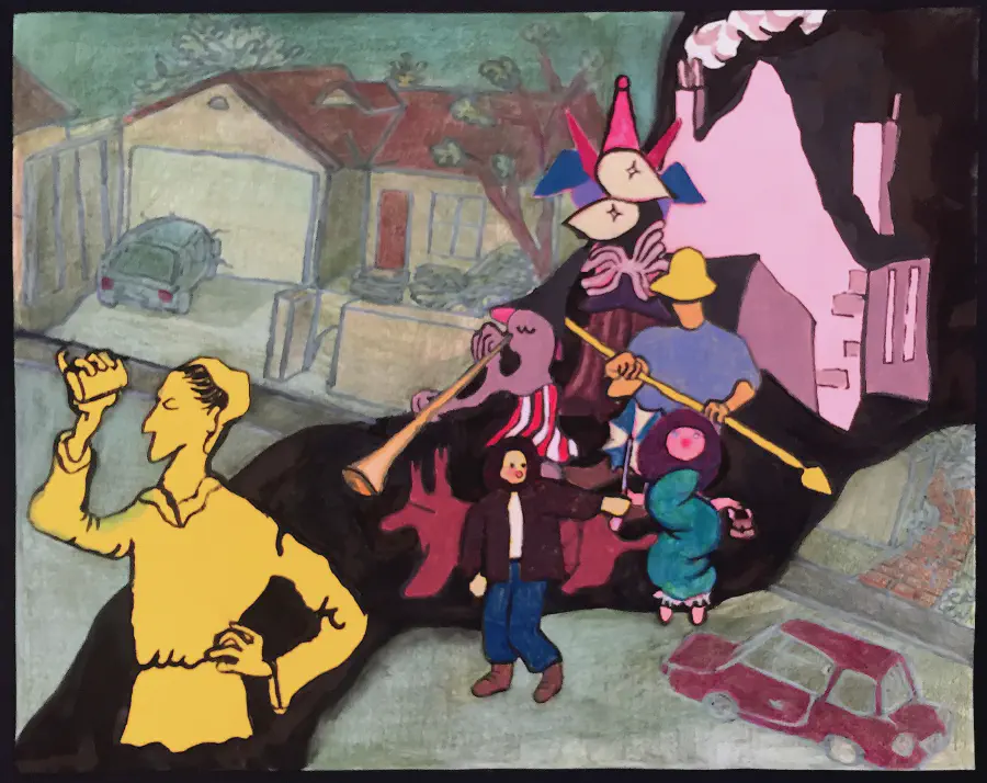 A pencil drawing of a neighborhood is interrupted by a black tear in the image, and several figures are walking through it. The front-most figure is a yellow character holding a can, and behind them, there are humanoid creatures, some without faces, one playing the trumpet, and one pointing down the street. They are all colorful.