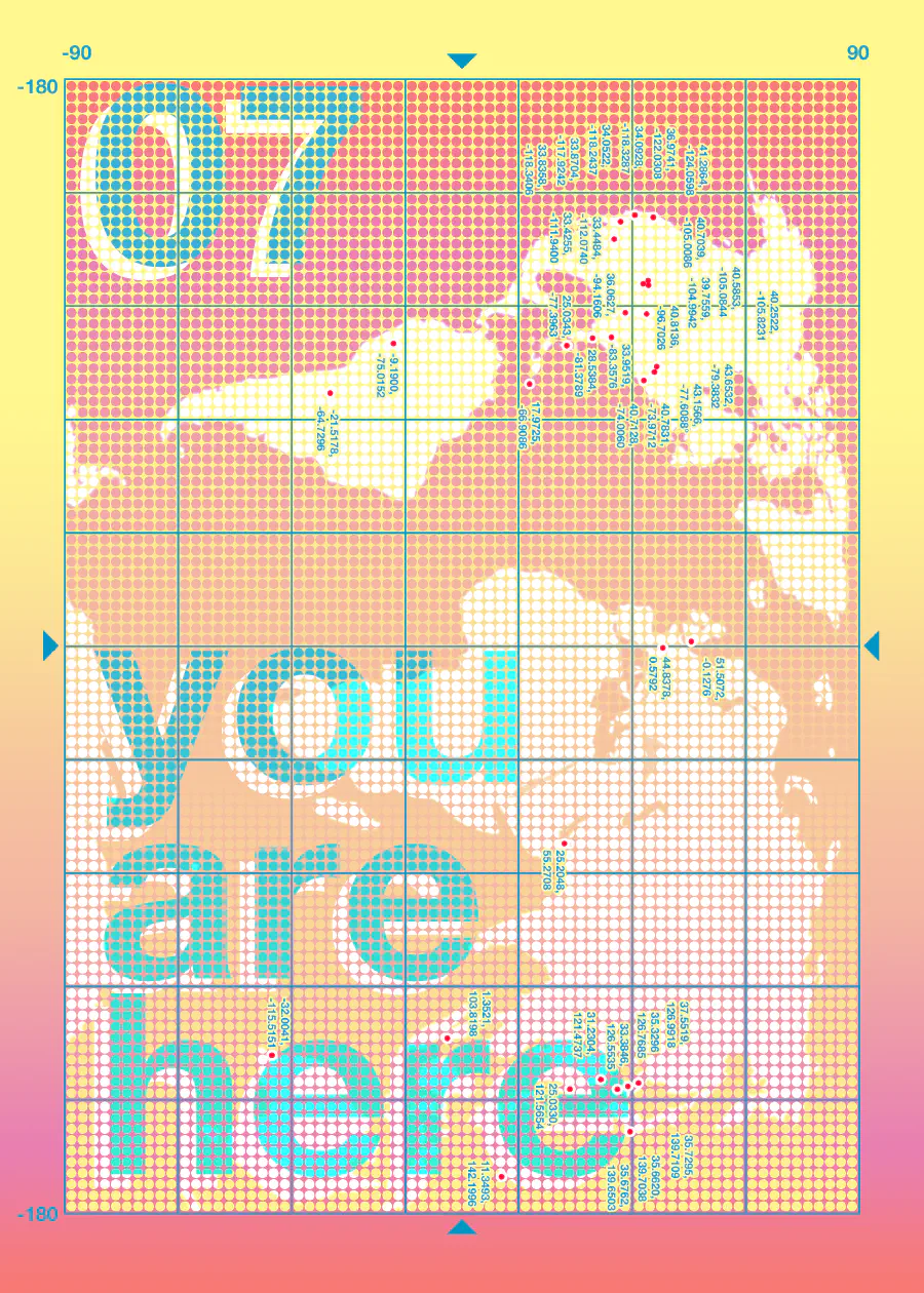 A map of coordinates that represent anonymous survey results from the You are Here travel diary.