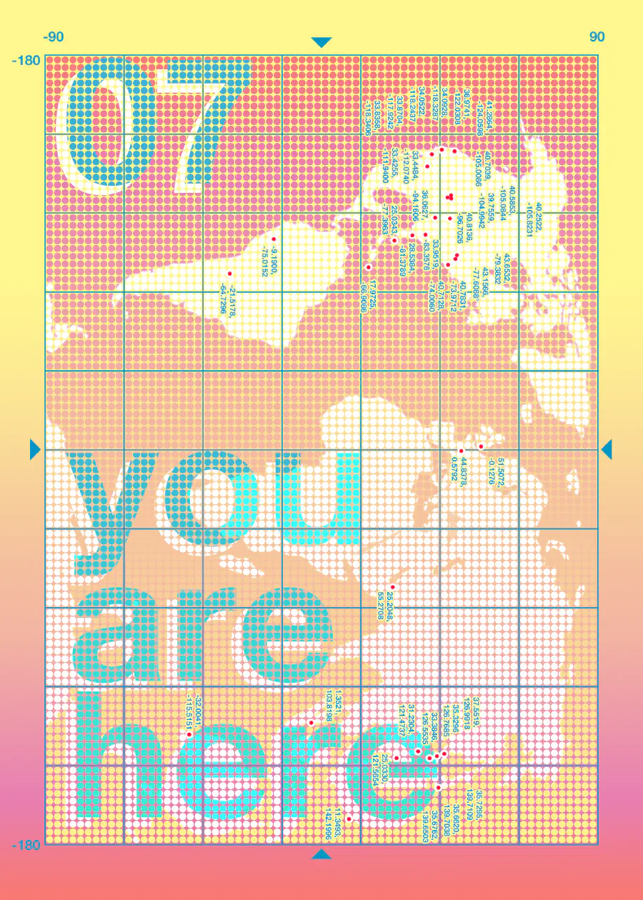 A map of coordinates that represent anonymous survey results from the You are Here travel diary.