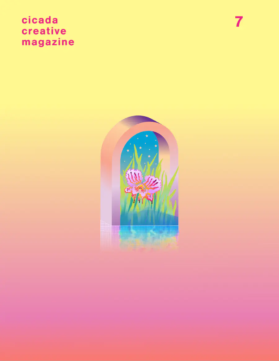 A surreal portal with a lotus in the middle. Its pixelated reflection fades into the background. It is overlaid on a yellow to pink gradient.