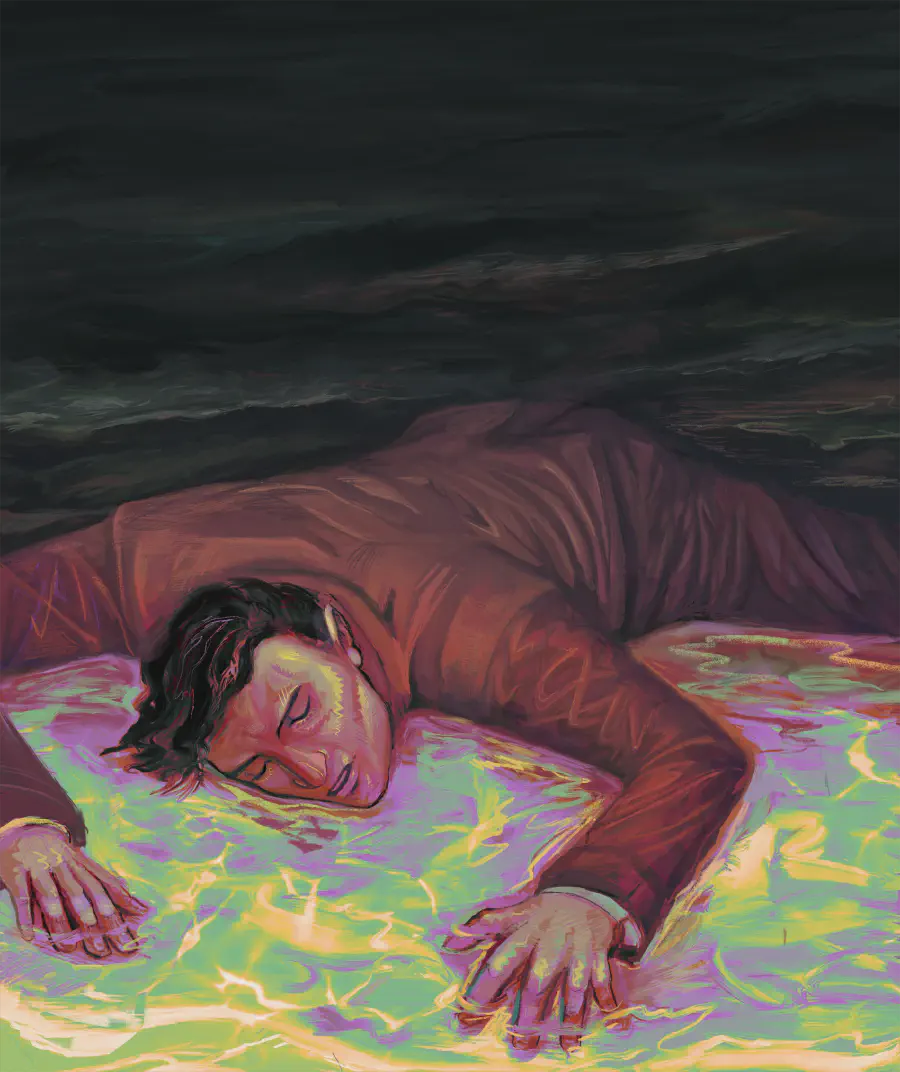 A man wearing a tan suit is laying down in a pool of green, yellow, pink, and purple water. His eyes are closed and his cheek is pressed to the water, his arms sprawled out in front of him and fingers partly submerged by the liquid. The scene is surreal in its palette and the background is dark and stormy.