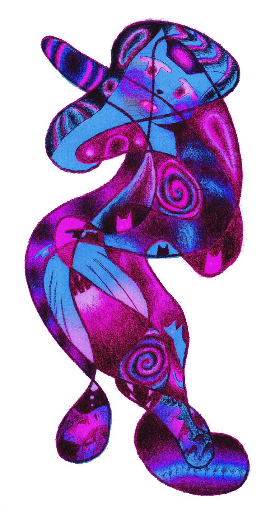 A transparent render of a distorted pink and purple creature that looks distressed. Many individual images make up its twisted body. Examples include cats silhoutted by darkness, parts of faces, and colorful swirls. The creature seems to be attempting to walk.