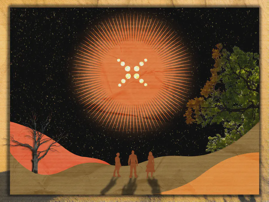 Three people are silhoutted in red and stare into the distance. In the sky, a giant white X made of dots is surrounded by a spiked orange-red halo. There is a cutout of a tree reflecting orange light to the right and a dead tree to the left. THe entire image is seemingly framed by a cardboard background.