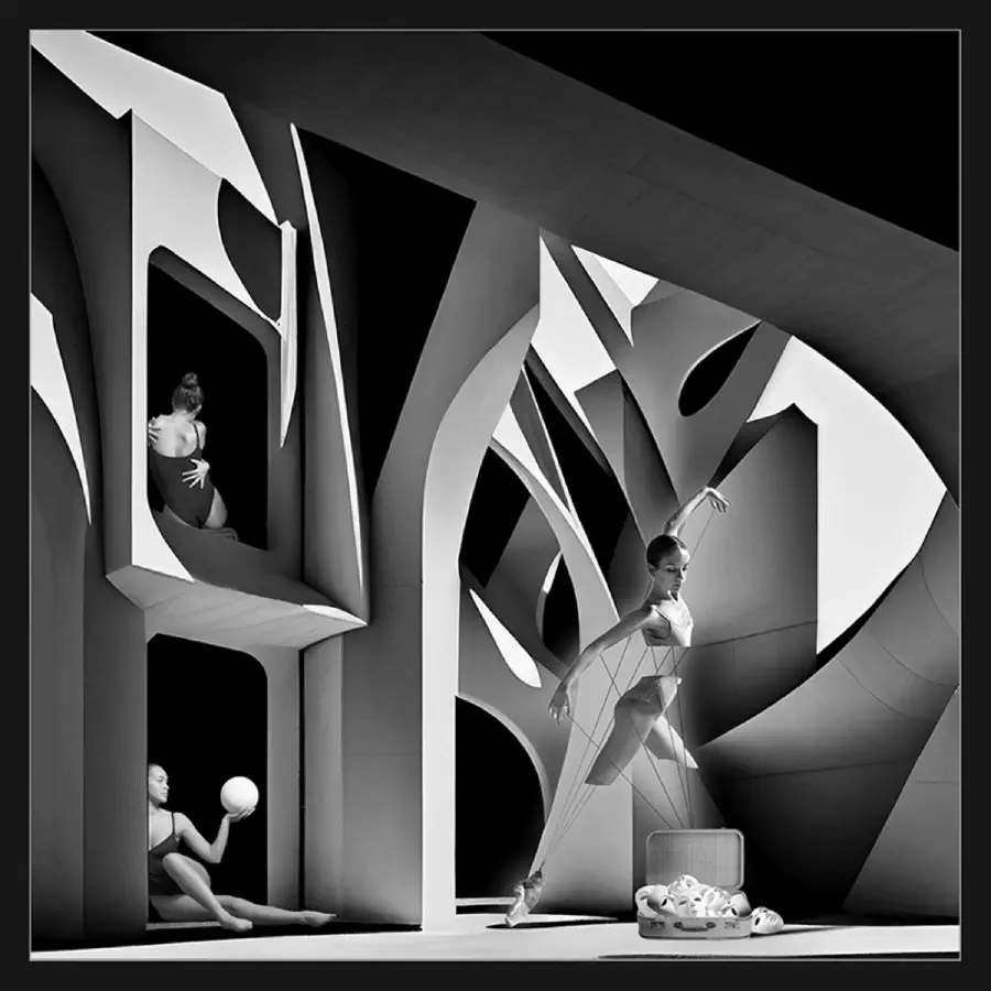 A monochrome image depicting the same woman 3 times over in one environment. The room is abstract. One of the figures depicts a woman in a ballet pose held together by strings with chunks of her body missing.