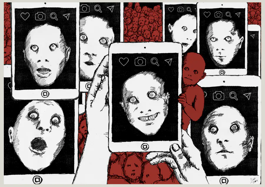 An eerie character taking selfies and investigating several angles. A crowd of amorphous babies is in the background. One baby peeks from behind the tablet.