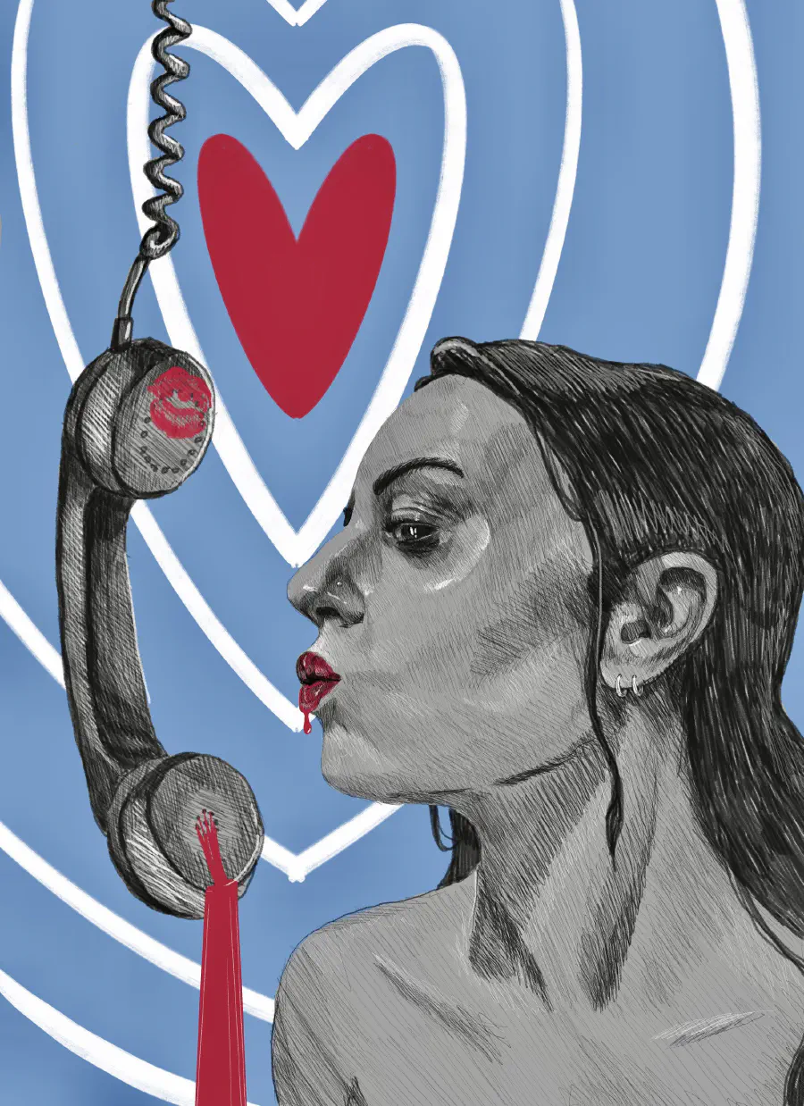 The foreground figures are in monochrome with the exception of hot pink accents. The central figure is a woman with bright lipstick dripping form her lips. She is puckering her lips next to a phone, which has a kiss mark on the top and is dripping more liquid from the end. The background shows hearts echoing.