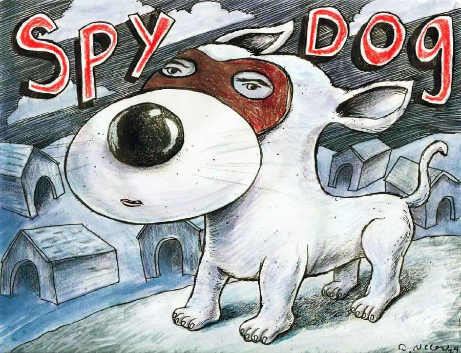 A cartoon dog with a spy mask standing on a road with houses in the background. It seems to be a windy day. Clouds drift in the background. The letters 'SPY DOG' are inked above the dog.