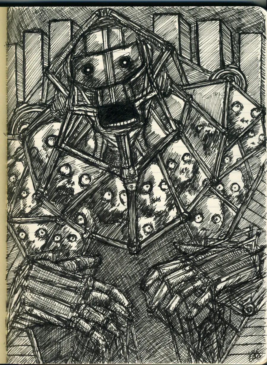 An ink drawing of a machine sort of creature with its mouth open wide.
