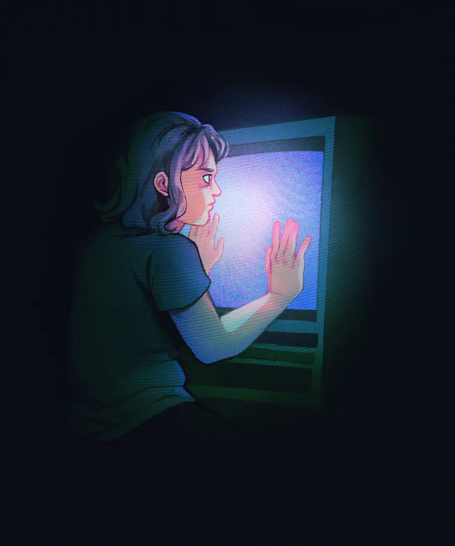 An illustration of a young person with shoulder length hair with their hands pressed against a glowing television in a dark room