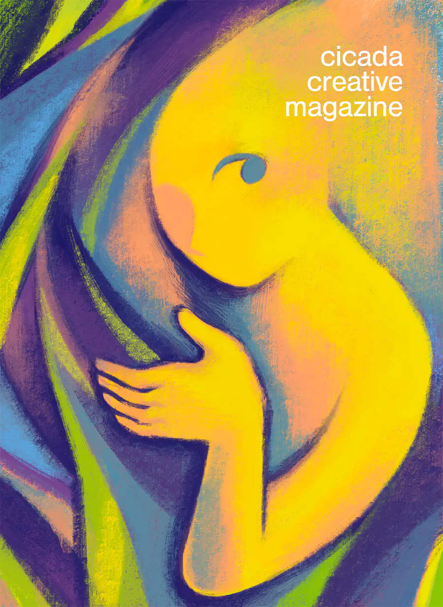 A painted yellow figure wraps their hand around an abstract pillar of collars.