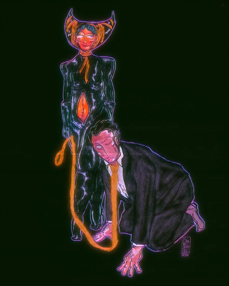 A figure with demonic features walks a business man with his tie like a dog on a leash.