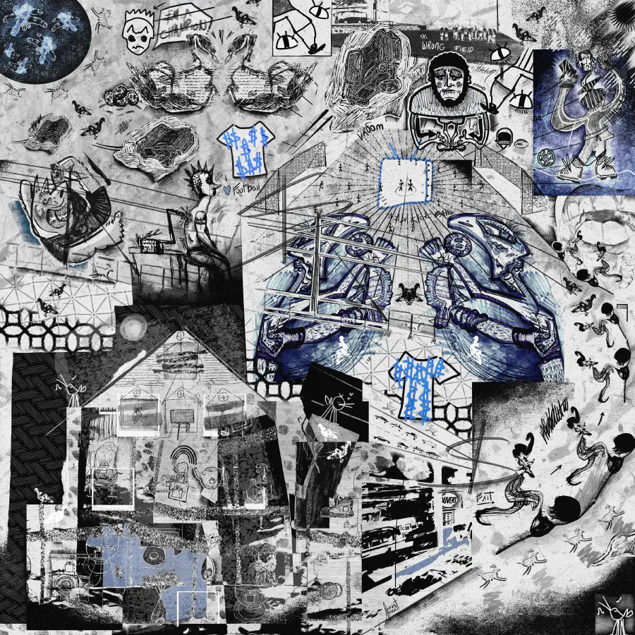 A ink-drawn collage including imagery of houses, abstract creatures, and cars.