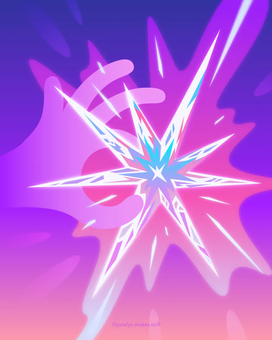 A pink, blue, and purple illustration of a hand holding a bright star between its index finger and thumb.