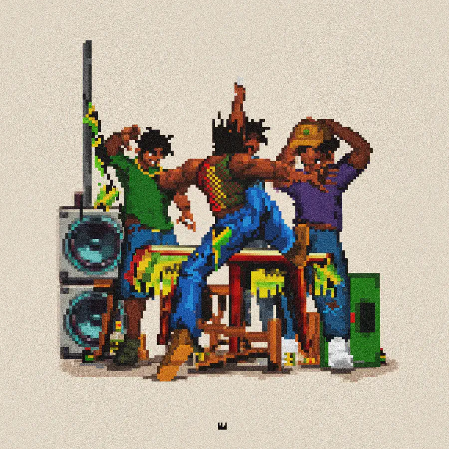 Three men playing the drums and dancing.