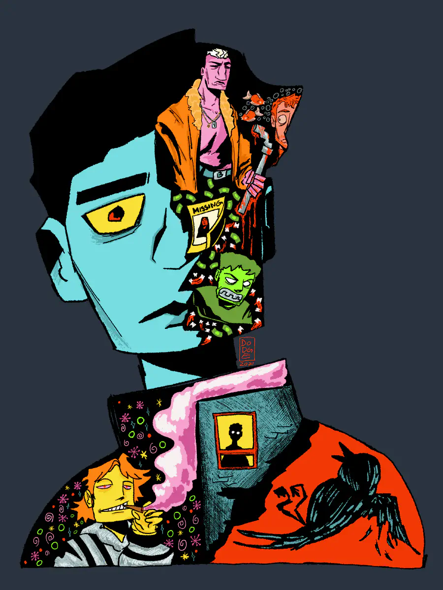 A blue-gray person whos vest is animated with scenes of ghouls and smokers. The figure's head is bursting with people.