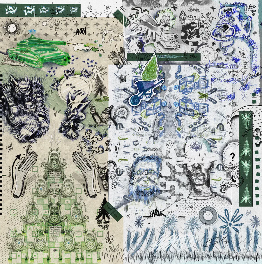 A ink-drawn collage including imagery of hands, beasts, plants, and a pyramid of faces.